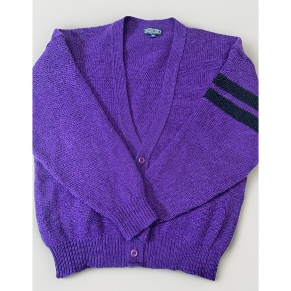 Vintage Lands’ End Wool Cardigan Purple Men’s M Made in USA Varsity Stripes - Picture 1 of 5